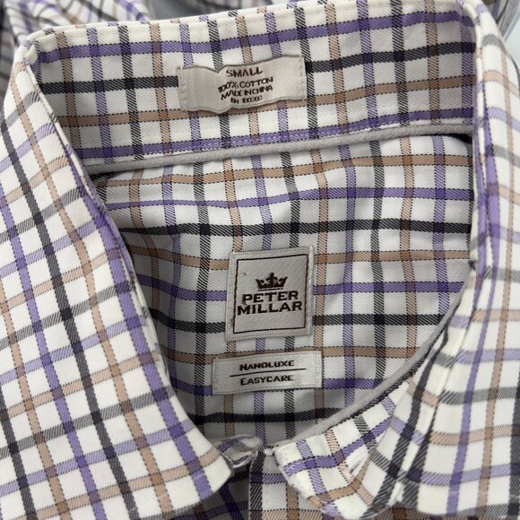 Peter Millar Mens Small Nanoluxe Easycare Checkered Purple Gray Button-Down Shir - Picture 6 of 7